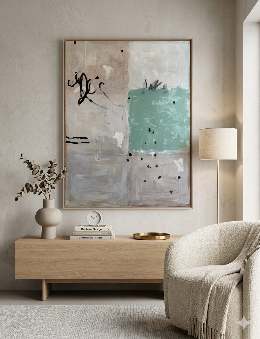 Abstraktes Kunstwerk in beige, weiß, türkis mit schwarzen Marks und Schattenfugerahmen in Holz.